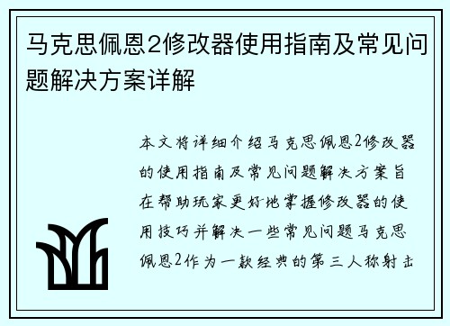 马克思佩恩2修改器使用指南及常见问题解决方案详解